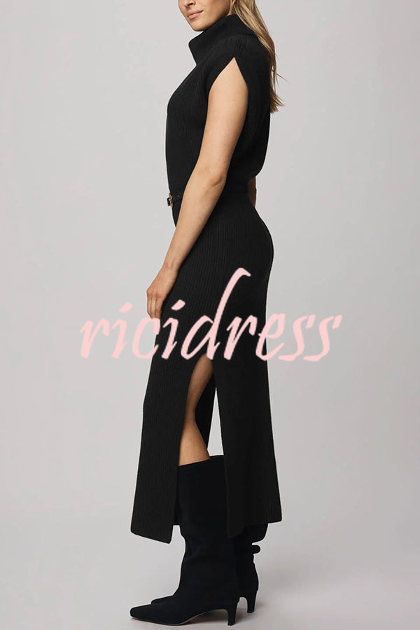 Solid Color Sleeveless Knitted Elegant Waist Midi Dress