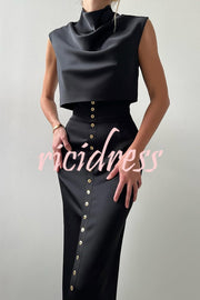 Solid Color Casual Sleeveless Crop Top and Elegant Button-down Maxi Skirt Set