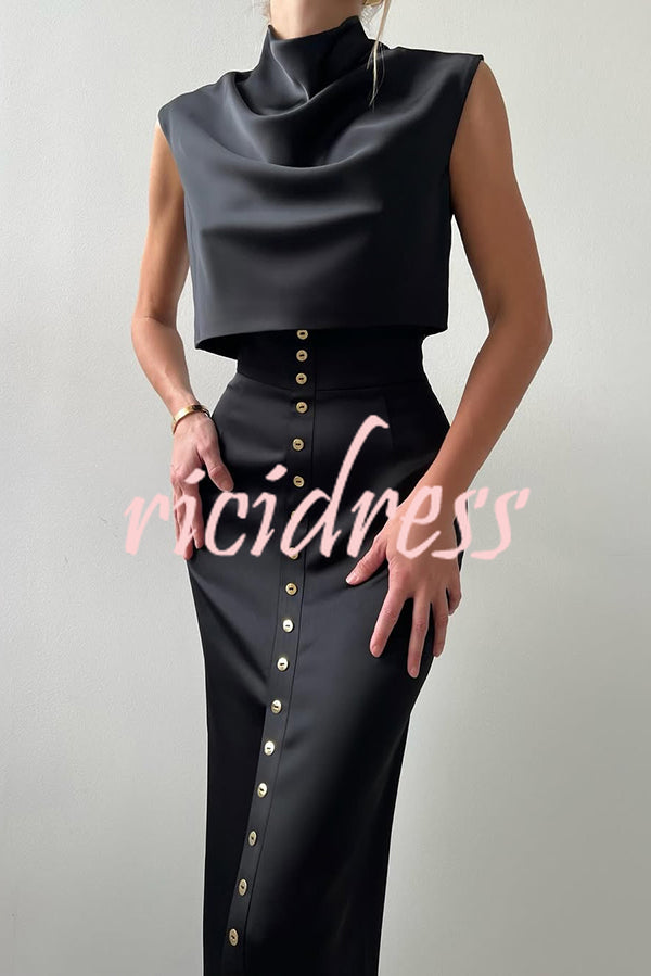 Solid Color Casual Sleeveless Crop Top and Elegant Button-down Maxi Skirt Set