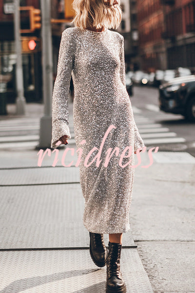 Ignite Sparkly Nights Sequin Extra Long Sleeve Open Back Loose Midi Dress