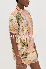 Royalty Unique Print Button Up Short Sleeve Shirt and Elastic Waist Pocketed Loose Shorts Set