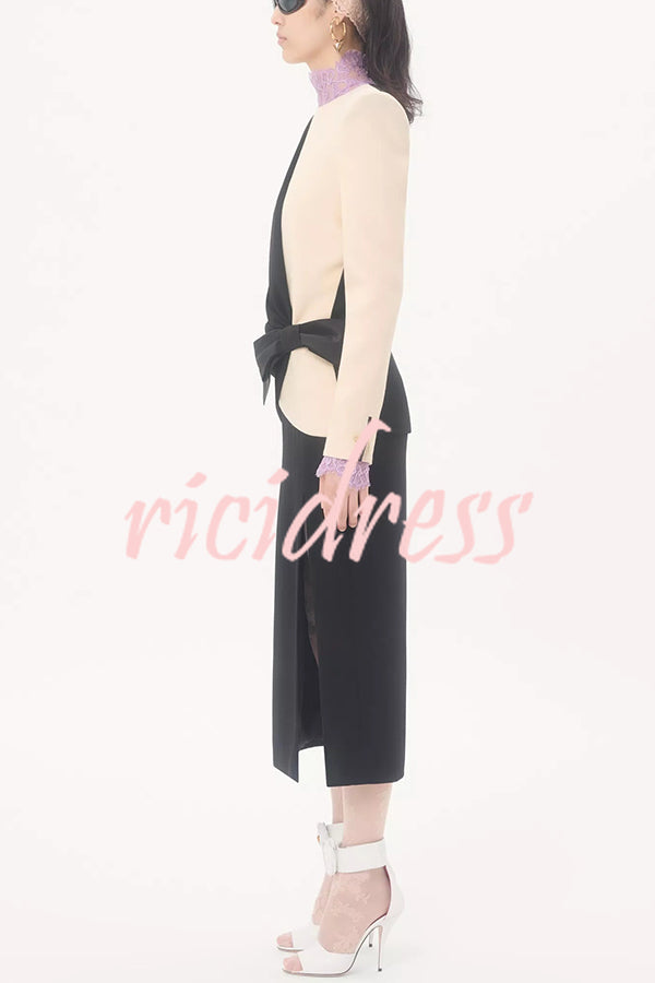 Love Unfolded Contrast Color Side Bow Tie-up Long Sleeve Slit Midi Dress