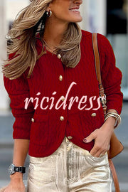 Solid Color V-neck Long-sleeved Loose Pocket Knit Cardigan