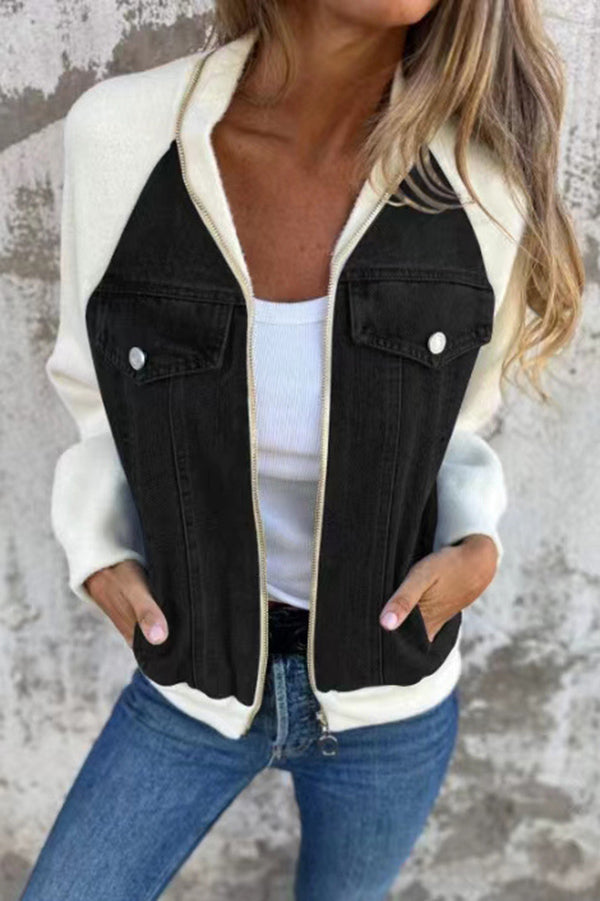 Fashion Denim Stitching Zipper Pocket Casual Jacket