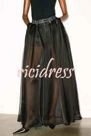 Avant-garde Fashion Denim Flowing Organza Patchwork Pocketed Wide Leg Jeans