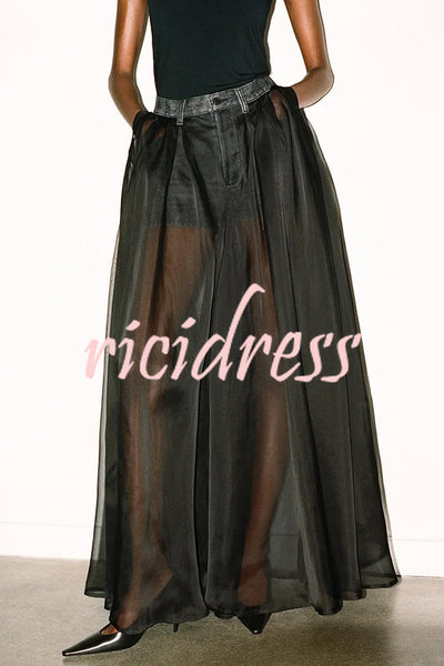Avant-garde Fashion Denim Flowing Organza Patchwork Pocketed Wide Leg Jeans