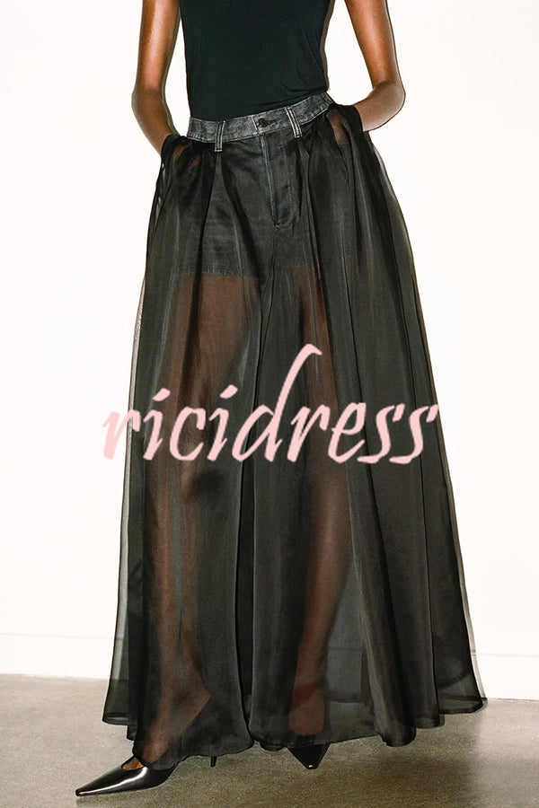 Avant-garde Fashion Denim Flowing Organza Patchwork Pocketed Wide Leg Jeans