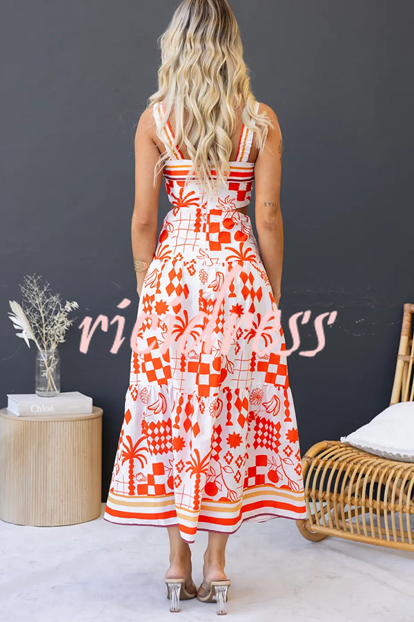 Unique Print Waist Cutout Back Gathered Suspender Maxi Dress