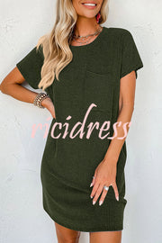 Casual Solid Color Striped Short-sleeved Pocket Mini Dress