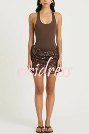Shine Your Event Ruched Sequin Draped Hem Tank Stretch Mini Dress