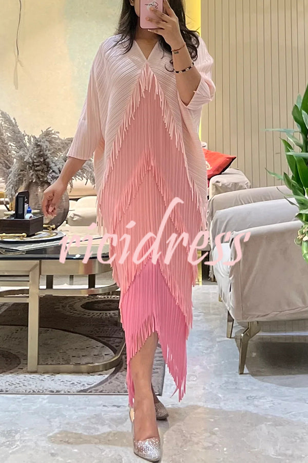 Fashionable Color-blocked Multi-layered Tassel Loose Midi Dress