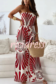 Unique Printed Off-shoulder Pleated Casual Wide-leg Jumpsuit