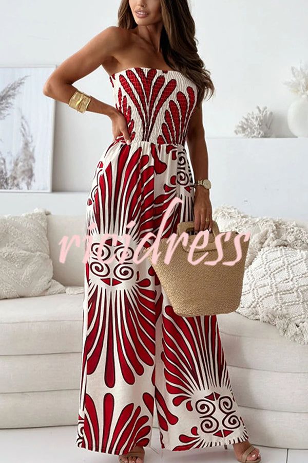 Unique Printed Off-shoulder Pleated Casual Wide-leg Jumpsuit