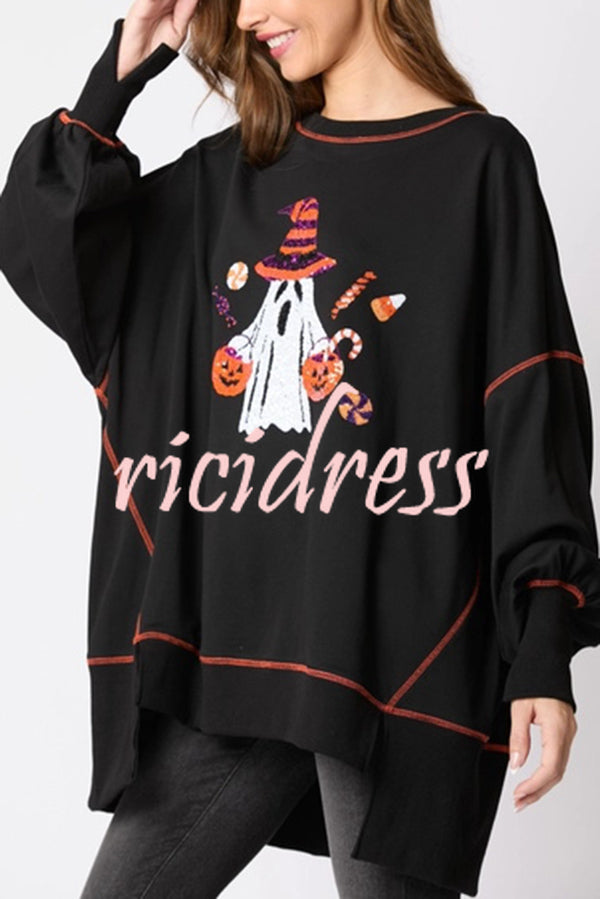 Halloween Ghost Sequin Loose Casual Sweatshirt