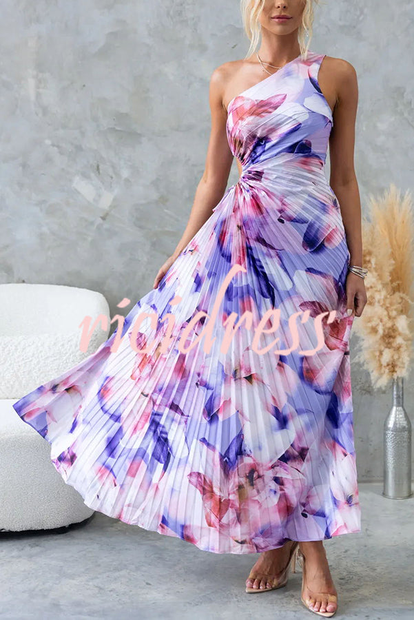 Laken Floral Print One Shoulder Adjustable Tie Cutout Pleated Maxi Dress