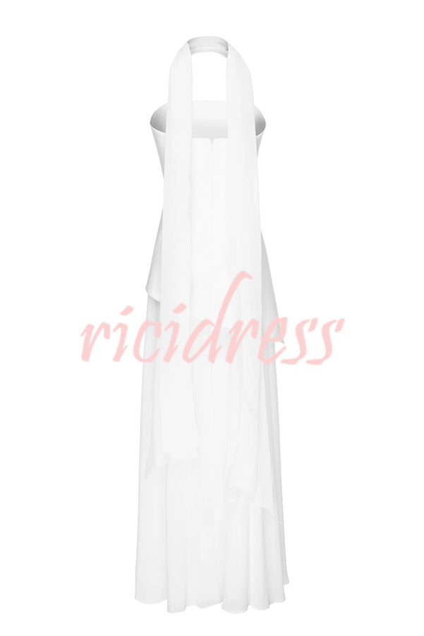 Monaco Off Shoulder Structured Top Chiffon Slit Hem Scarf Maxi Dress