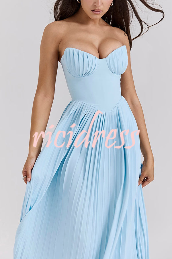 Romantic and Elegant Pleated Strapless Maxi Dress