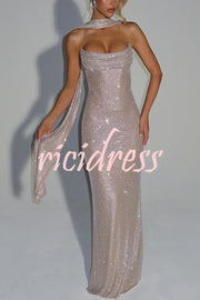 Mirabella Sequin Pleated Cowl Scooped Neckline Back Lace-up Strapless Maxi Dress