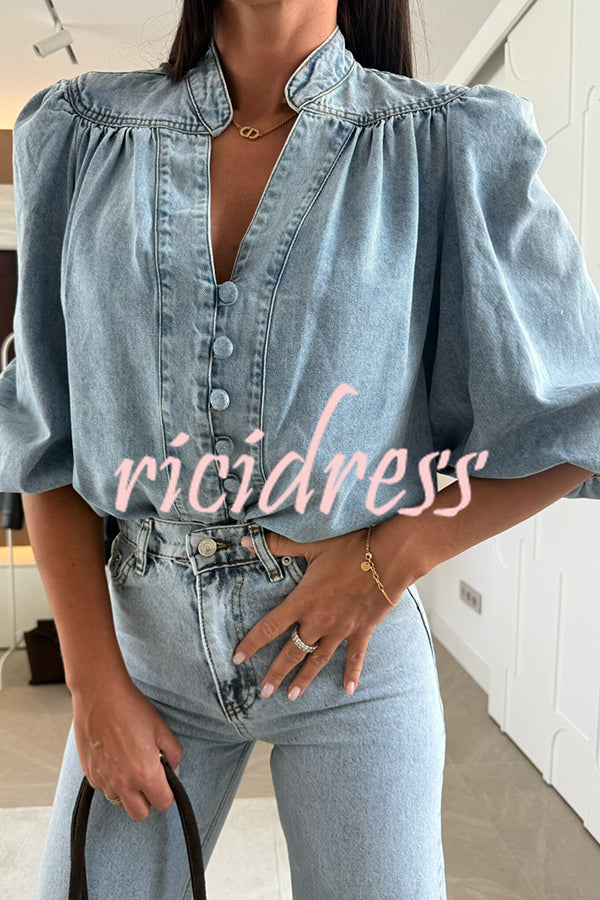 Fashion V-neck Button-down Lantern Sleeve Casual Denim Shirt