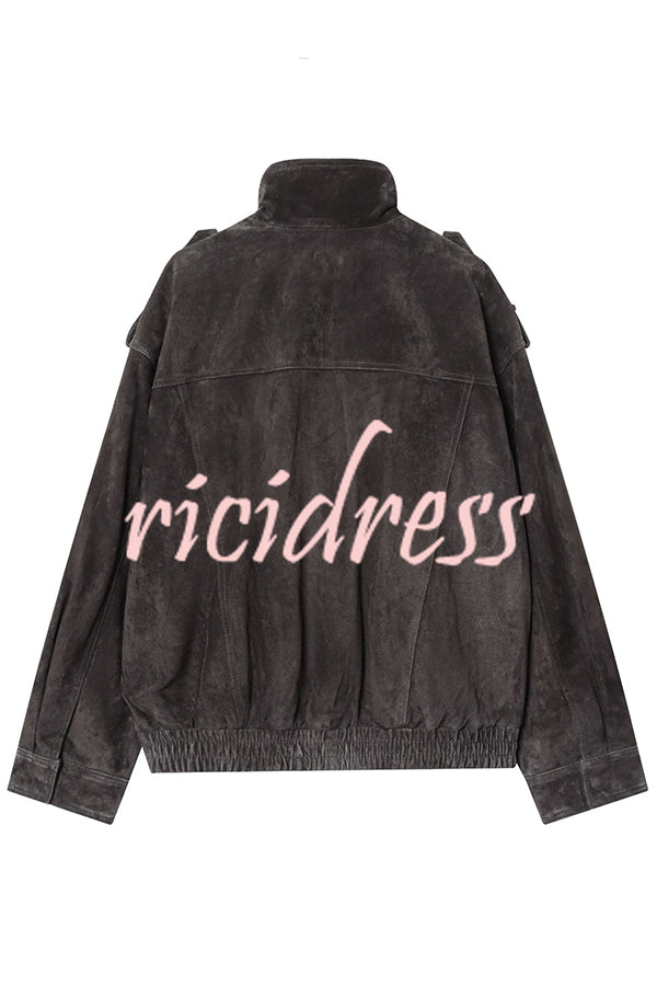 Fashionable Suede Loose Pocket Leather Jacket