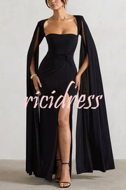 Elegant Goddess Square Neck Twisted Cape Sleeve Slit Maxi Dress