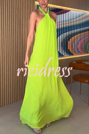 Ellise Chiffon Beads Halter Neck Backless A-line Maxi Dress