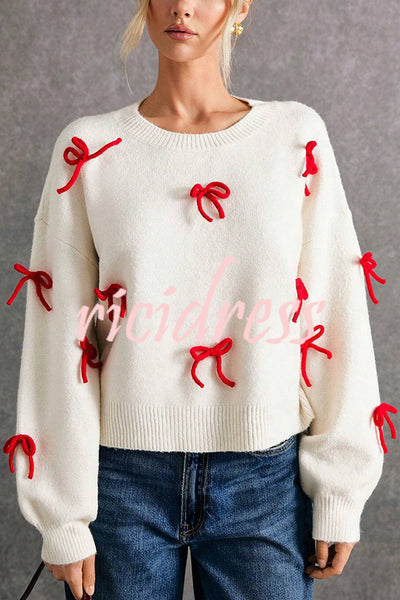 Christmas Bow Round Neck Loose Long Sleeve Knitted Sweater