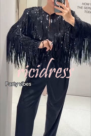 Party Crasher Layered Sequined Tassels Long Sleeve Loose Jacket