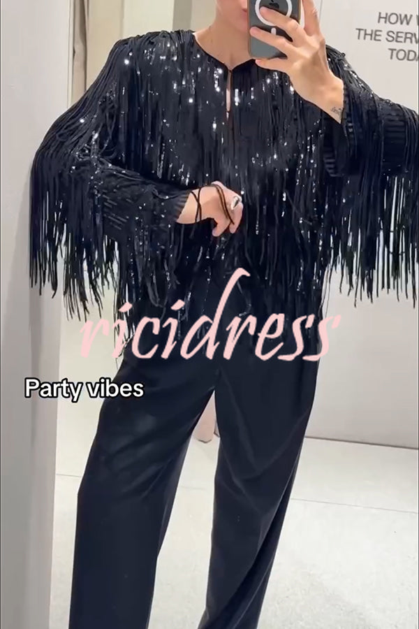 Party Crasher Layered Sequined Tassels Long Sleeve Loose Jacket