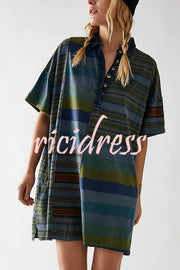 Contrast Striped Patchwork Denim Lapel Loose Casual Mini Dress