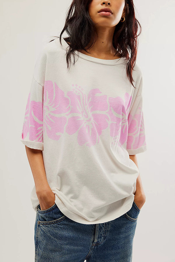 Floral Print Loose Round Neck Short Sleeve T-shirt