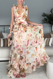 Wedding Season Chiffon Floral Ruched Plunge Open Back Maxi Dress