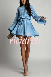 Fashion Bell Sleeve Loose Waist Tie Pleated Mini Dress