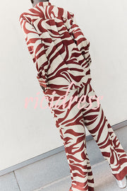 Unique Print Lapel Long Sleeve Loose Shirt and Elastic Waist Casual Pocket Wide Leg Pants Set