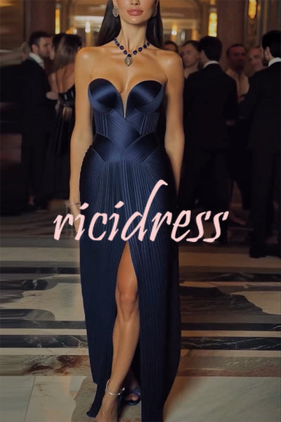 Stunning The Audience Plissé Satin Off Shoulder Drape Slit Gown Maxi Dress