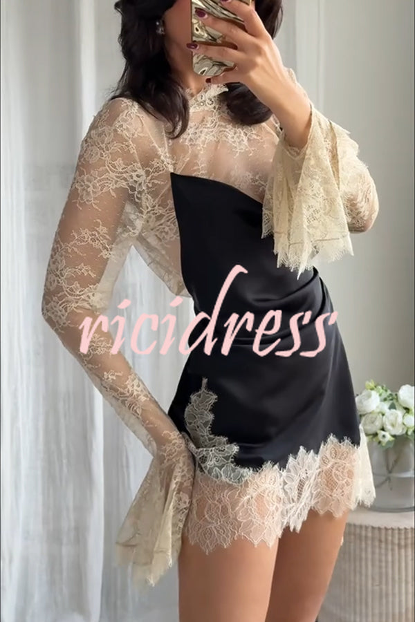 Gothic Romantic Lace Satin Patchwork High Neck Bell Sleeve Loose Mini Dress