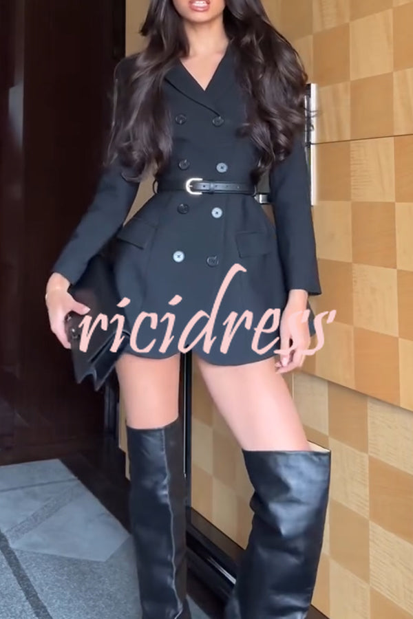 Parisian Style Double-breasted Long Sleeve Flare Hem Lapel Blazer Mini Dress