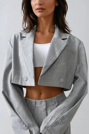 Solid Color Lapel Cropped Blazer and Pocket Straight-leg Pants Set