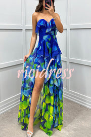 Loving Moment Gradient Unique Print Flowing Layered Ruffles Strapless Slit Maxi Dress