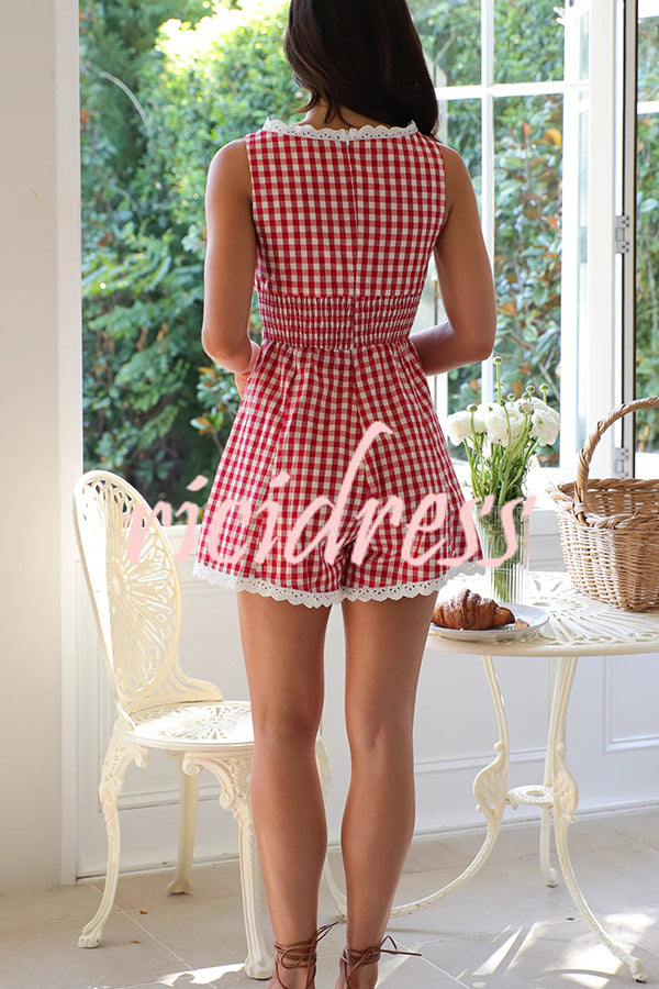 Plaid Print Sleeveless Pleated Waist Casual Rompers