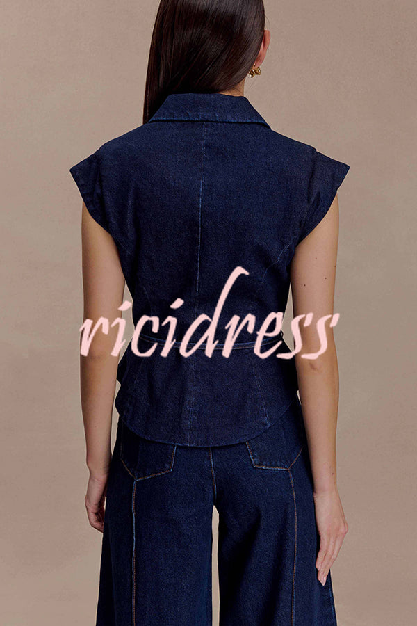 Charley Denim Button Up Cap Short Sleeve Structured Tie-up Lapel Top