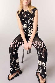 Fashion Embroidered Hollow Hook Elastic Waist Casual Wide-leg Pants
