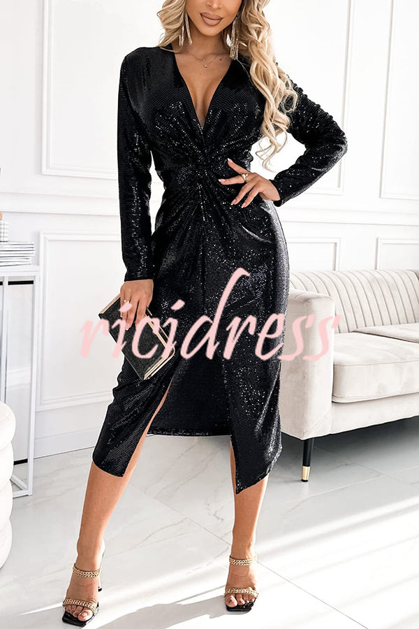 Coralia Sequin V-neck Long Sleeve Twist Waist Front Slit Midi Dress