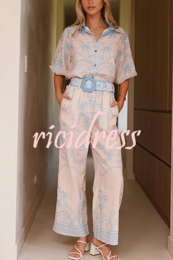Linen Blend Lapel Puff Sleeve Loose Shirt and Casual Pocket Straight Pants Set