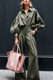 Solid Color Lapel Long-sleeved Loose Shirt and Casual Wide-leg Pants Set