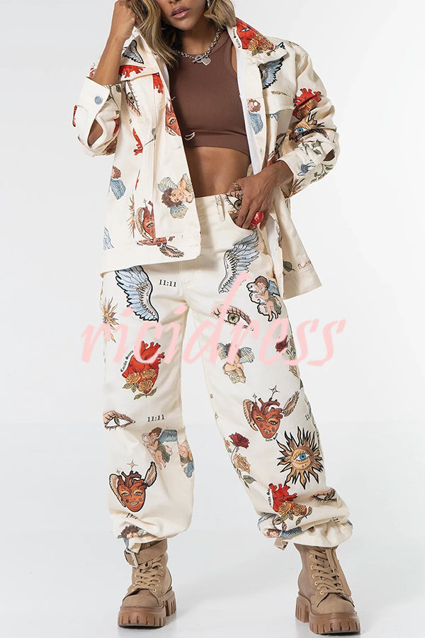 Angel Wings Denim Unique Print Mid Rise Pocket Loose Pants
