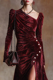 Elegant Velvet Long-sleeved Pleated Button Midi Dress