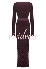 Sexy See-through Long-sleeved V-neck Pleated Slim-fit Maxi Dress