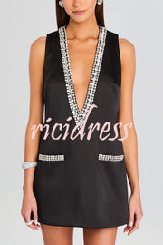 Elegant Demeanor Satin Gemstone Trim Deep V-Neck Tank H-line Mini Dress