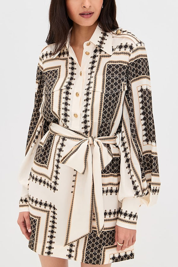 Hildie Unique Print Epaulettes Long Sleeve Flap Pockets Tie-up Waist Shirt Mini Dress